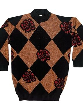 Vintage Dana Scott Metallic Acrylland Lurex Knit Sweater with Red Floral Accents